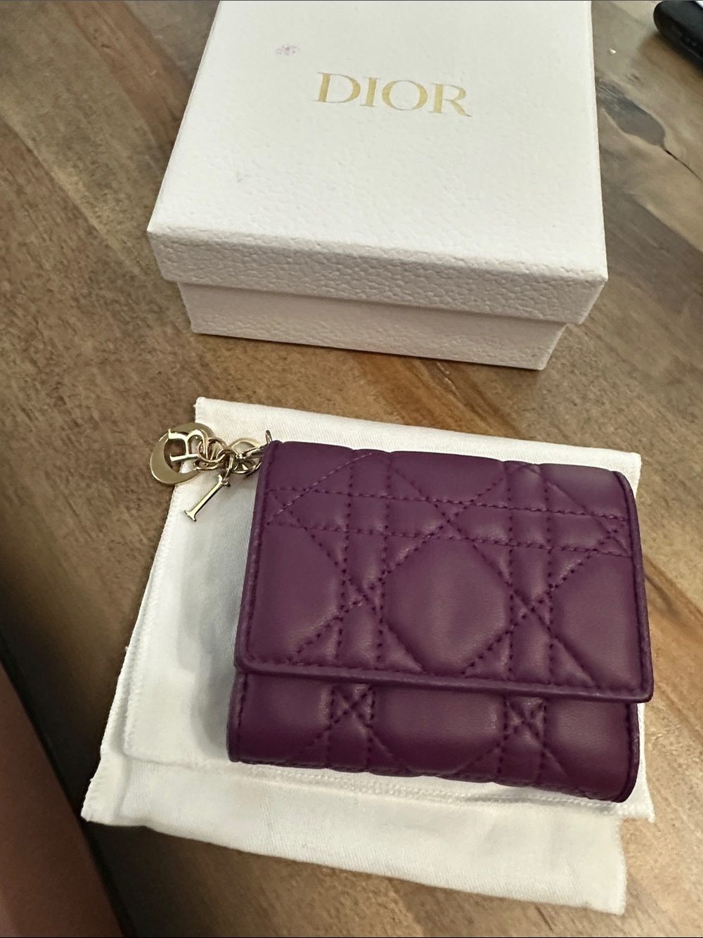 Dior Plum Quilted Leather Trifold Coin Wallet with Gold Charm